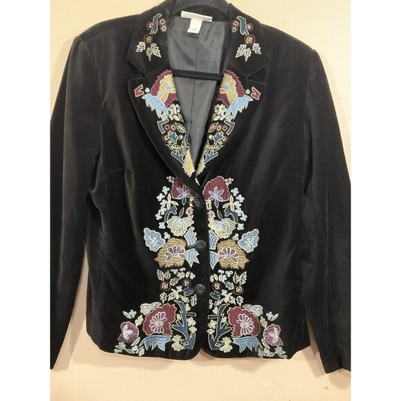 VTG Womens Embroidered Floral Velvet Blazer M Black Y2K Whimsigoth Cottage Witch - Picture 2 of 6